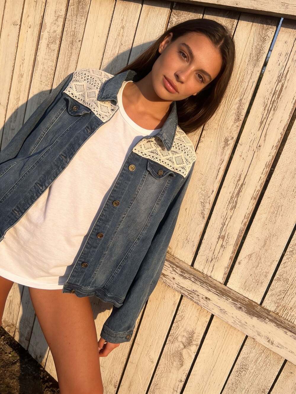 Ruff Hewn Women's Medium Wash Denim Jacket with Crochet Lace Yoke Detail XL